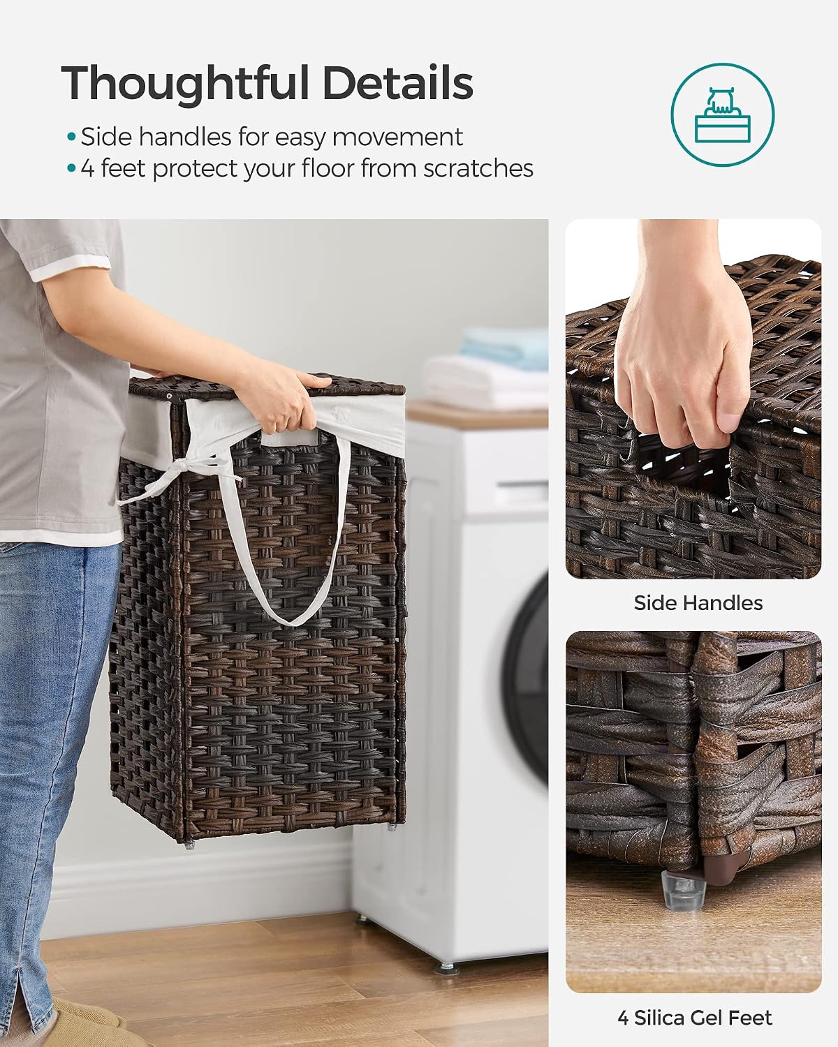 SONGMICS Laundry Hamper with Lid, 23.8 Gal (90 L) Synthetic Rattan,Foldable