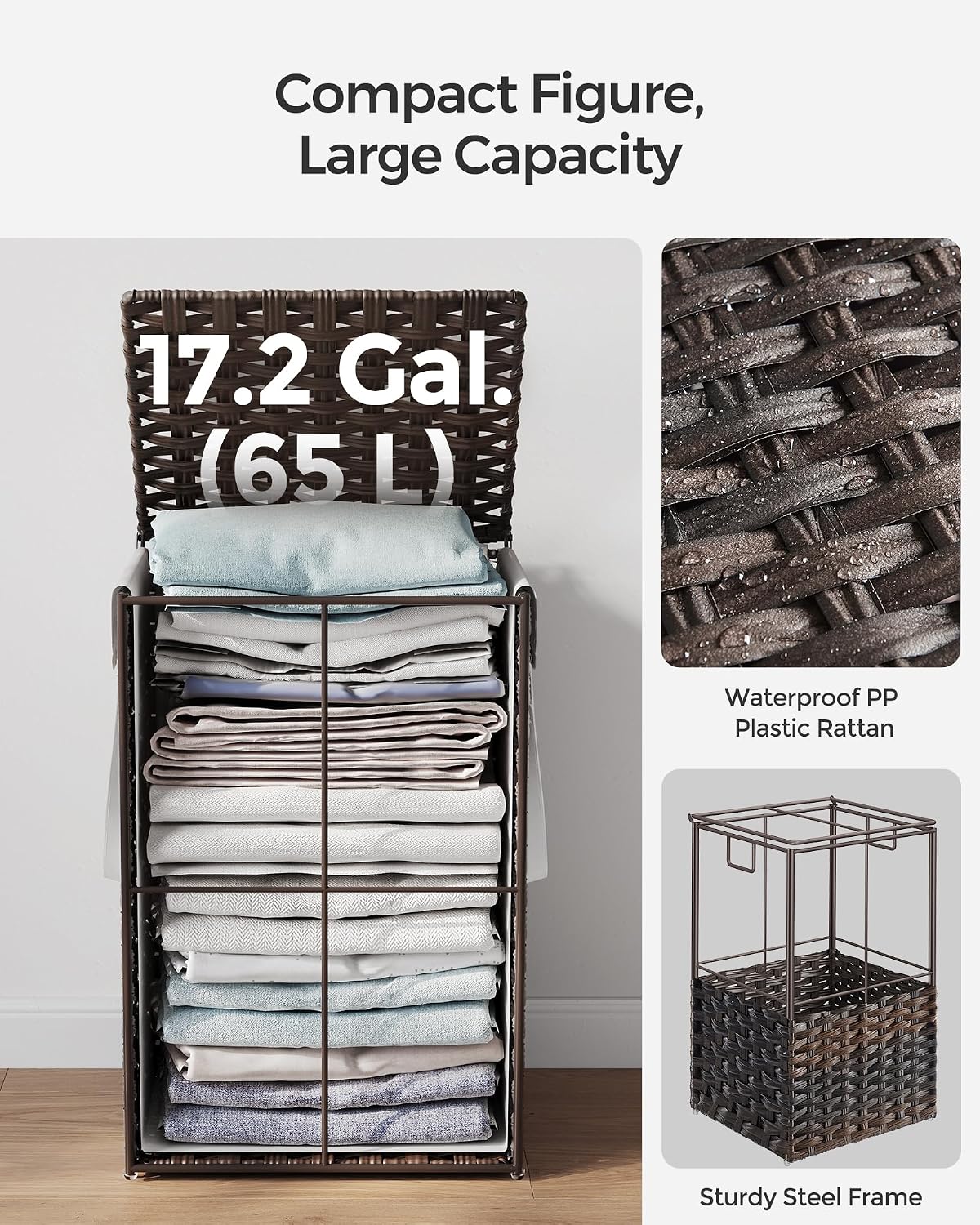 SONGMICS Laundry Hamper with Lid, 23.8 Gal (90 L) Synthetic Rattan,Foldable