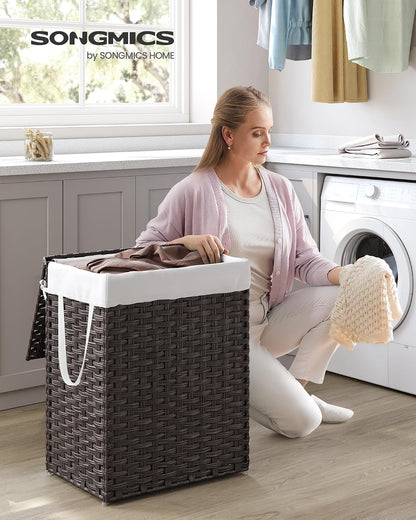SONGMICS Laundry Hamper with Lid, 23.8 Gal (90 L) Synthetic Rattan,Foldable