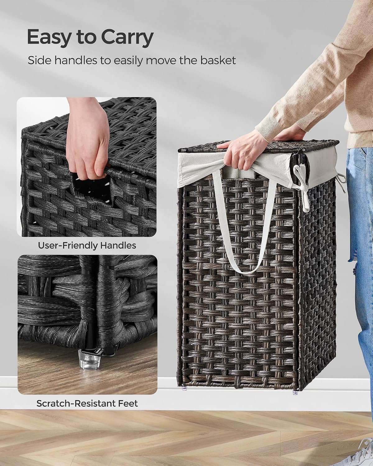 SONGMICS Laundry Hamper with Lid, 23.8 Gal (90 L) Synthetic Rattan,Foldable