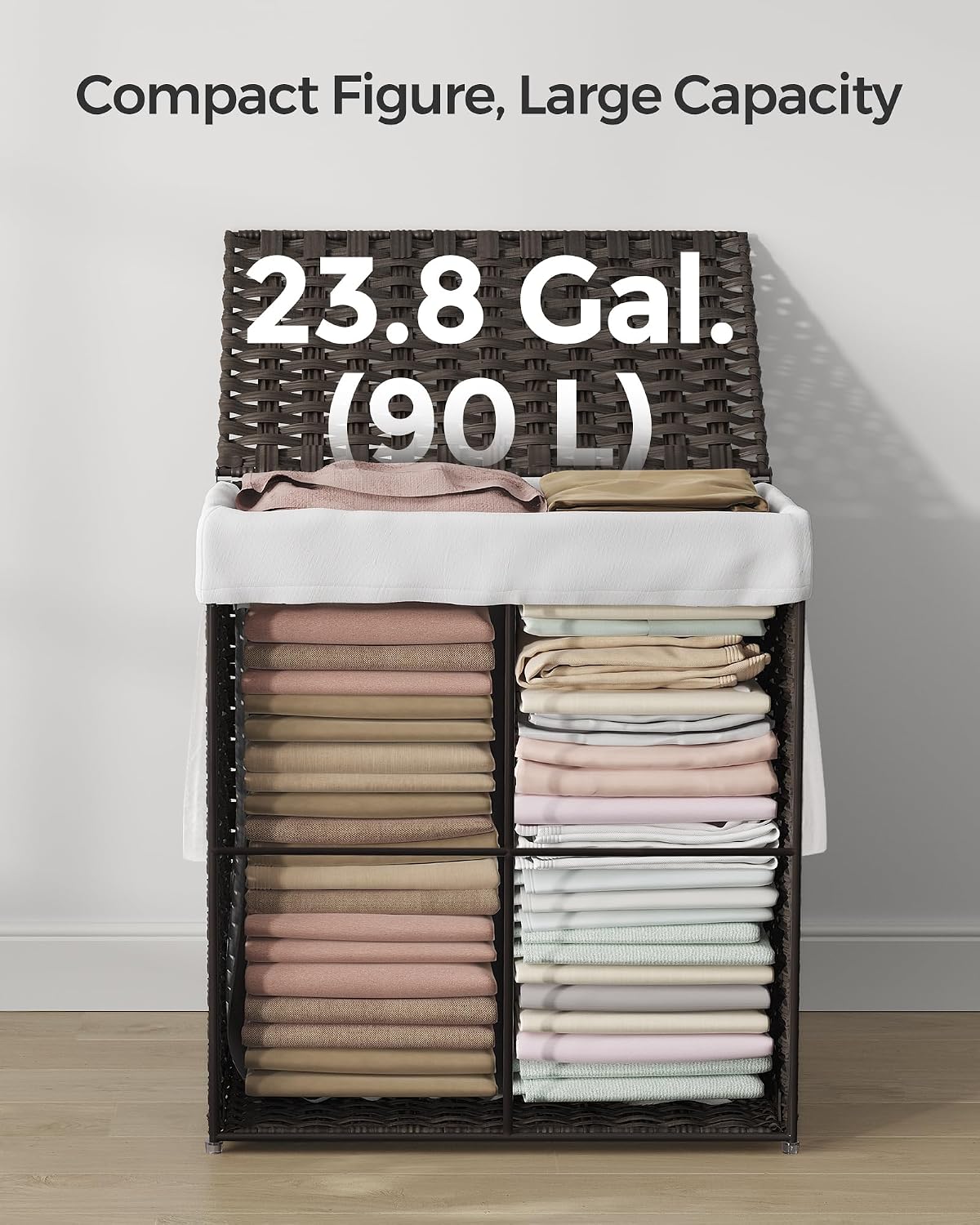 SONGMICS Laundry Hamper with Lid, 23.8 Gal (90 L) Synthetic Rattan,Foldable