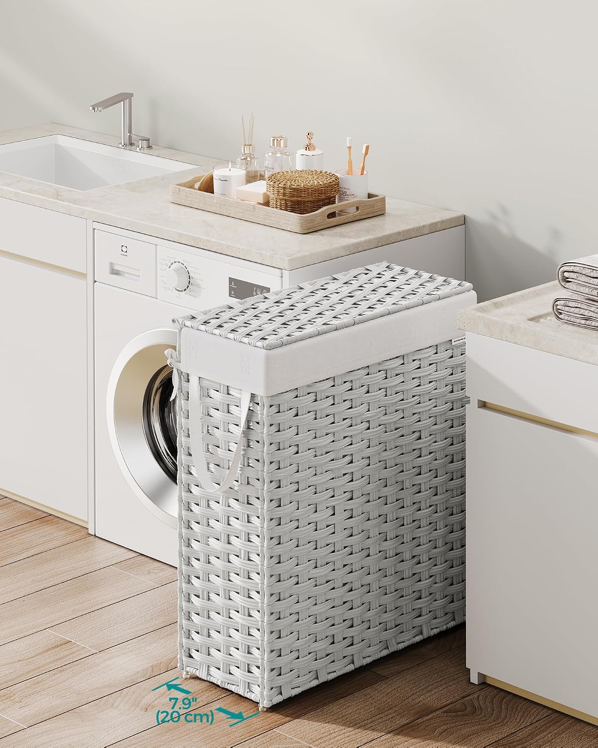 SONGMICS Laundry Hamper with Lid, 23.8 Gal (90 L) Synthetic Rattan,Foldable