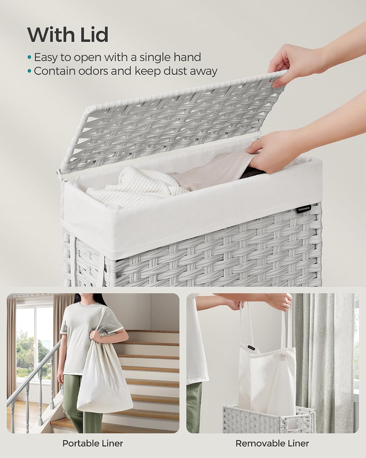 SONGMICS Laundry Hamper with Lid, 23.8 Gal (90 L) Synthetic Rattan,Foldable