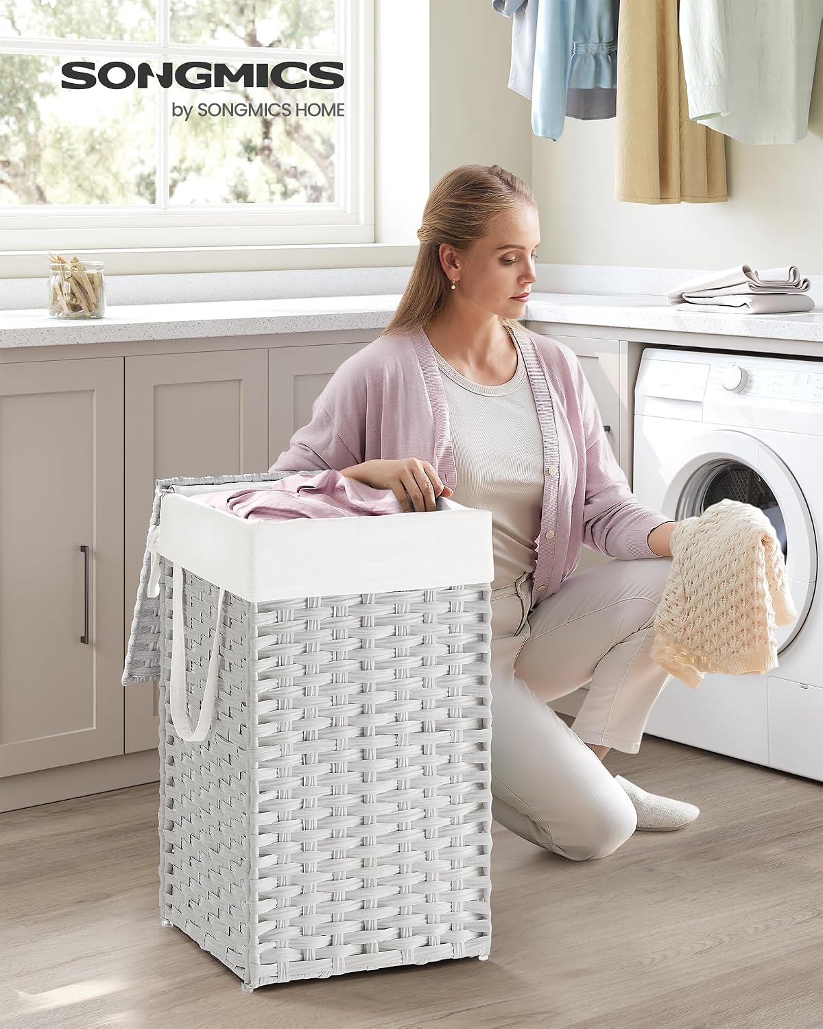 SONGMICS Laundry Hamper with Lid, 23.8 Gal (90 L) Synthetic Rattan,Foldable