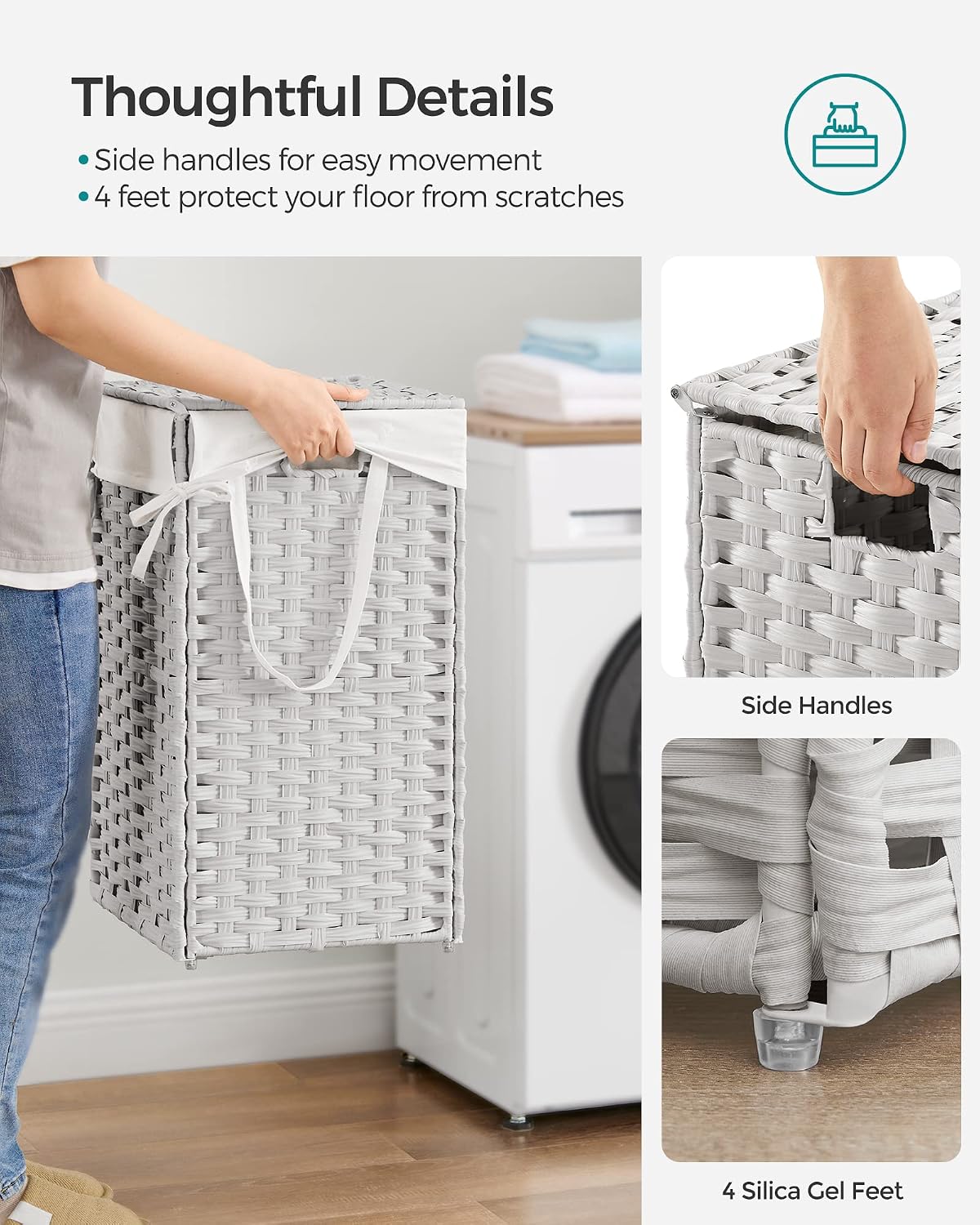 SONGMICS Laundry Hamper with Lid, 23.8 Gal (90 L) Synthetic Rattan,Foldable