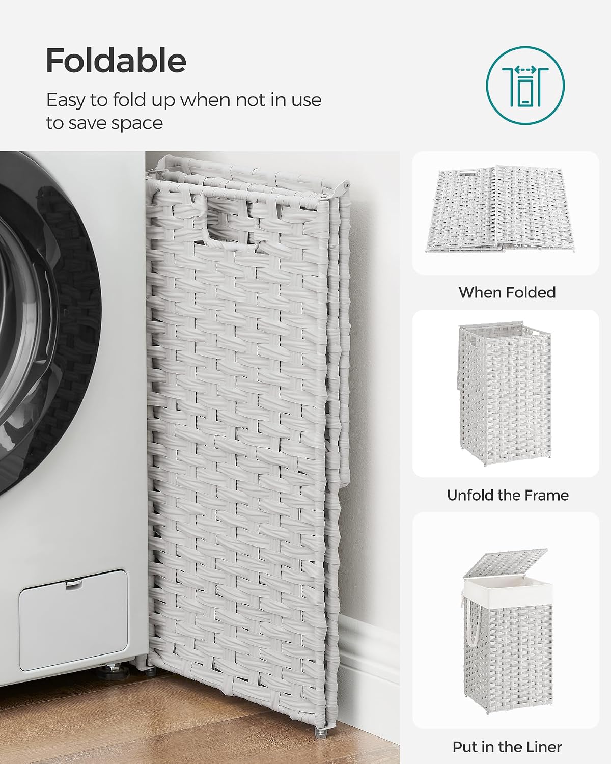 SONGMICS Laundry Hamper with Lid, 23.8 Gal (90 L) Synthetic Rattan,Foldable