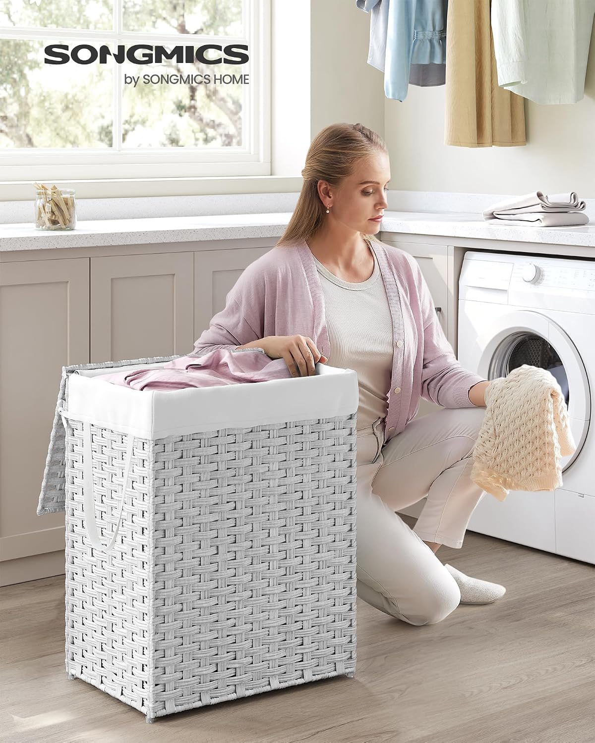 SONGMICS Laundry Hamper with Lid, 23.8 Gal (90 L) Synthetic Rattan,Foldable