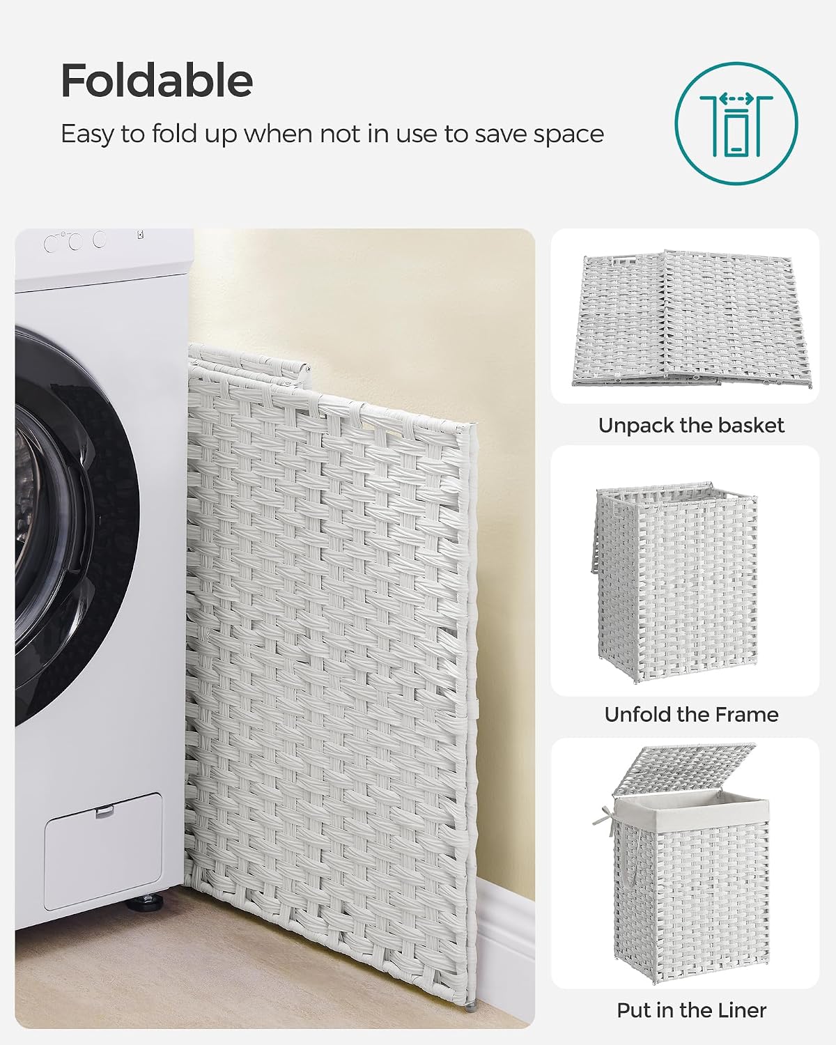 SONGMICS Laundry Hamper with Lid, 23.8 Gal (90 L) Synthetic Rattan,Foldable