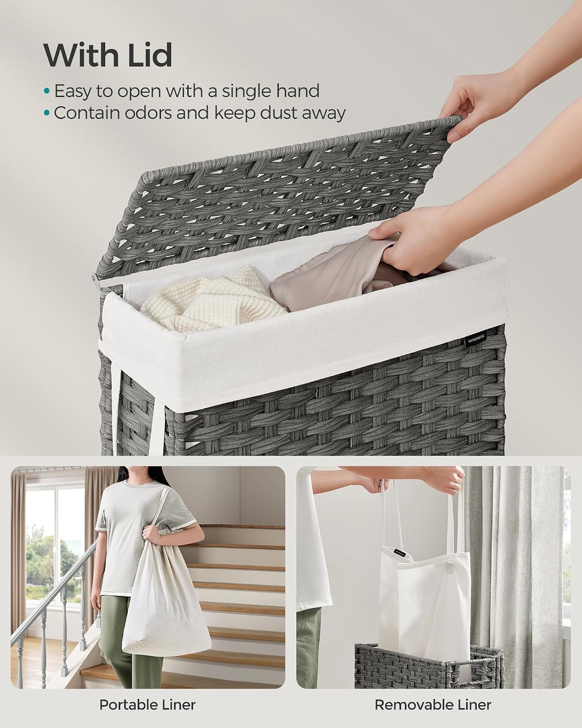 SONGMICS Laundry Hamper with Lid, 23.8 Gal (90 L) Synthetic Rattan,Foldable