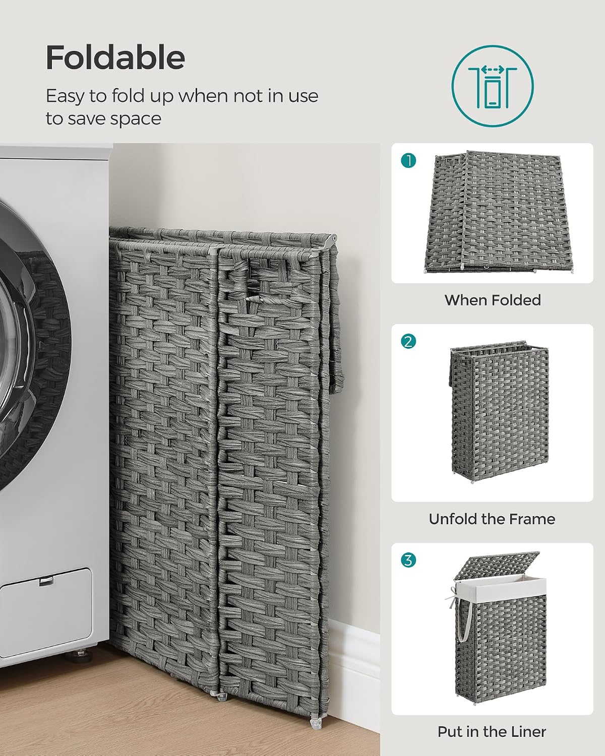 SONGMICS Laundry Hamper with Lid, 23.8 Gal (90 L) Synthetic Rattan,Foldable