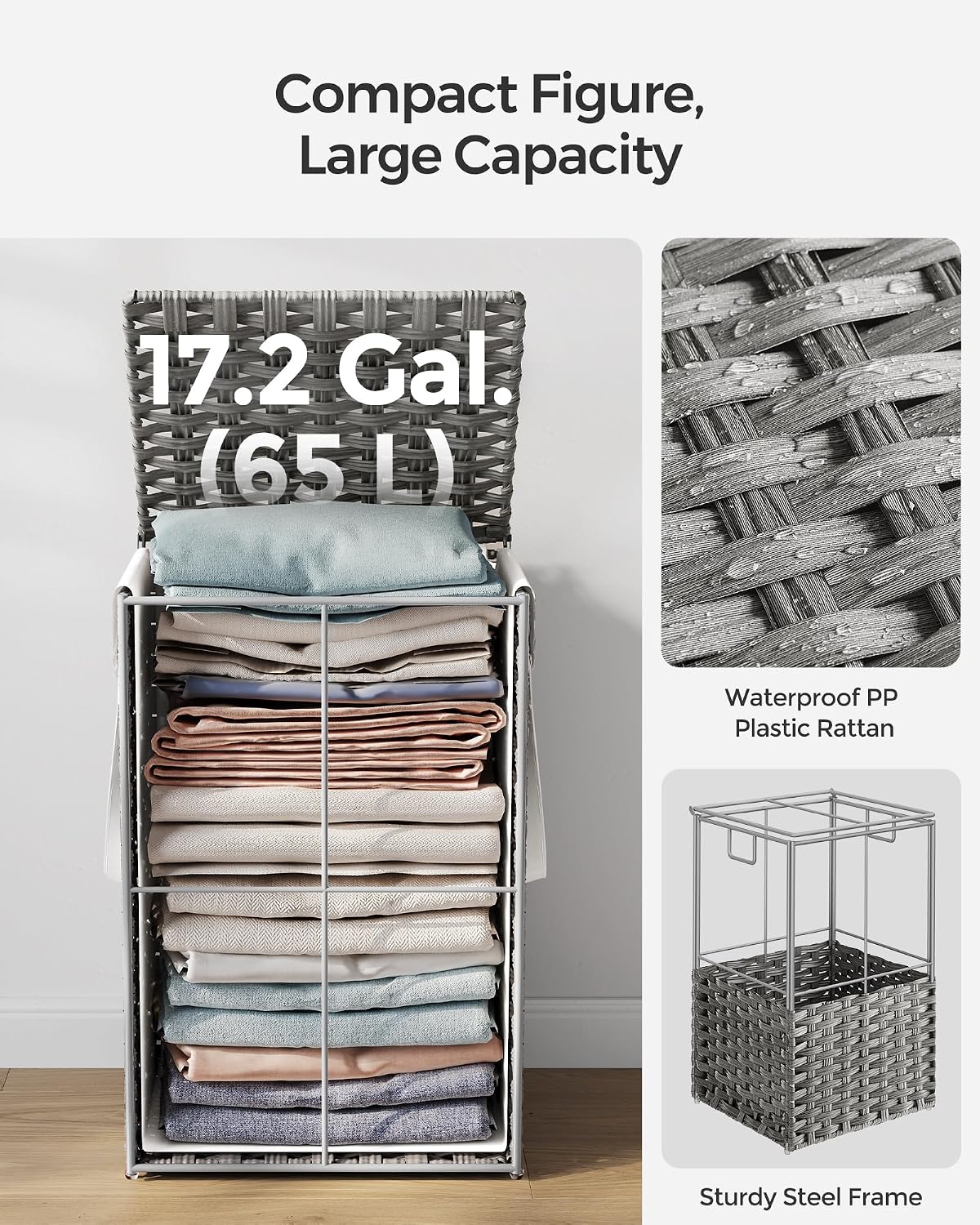 SONGMICS Laundry Hamper with Lid, 23.8 Gal (90 L) Synthetic Rattan,Foldable
