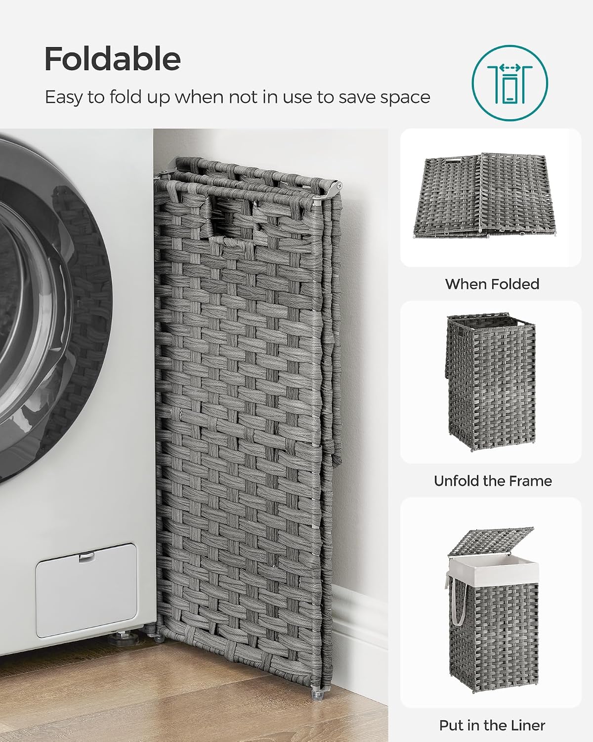 SONGMICS Laundry Hamper with Lid, 23.8 Gal (90 L) Synthetic Rattan,Foldable