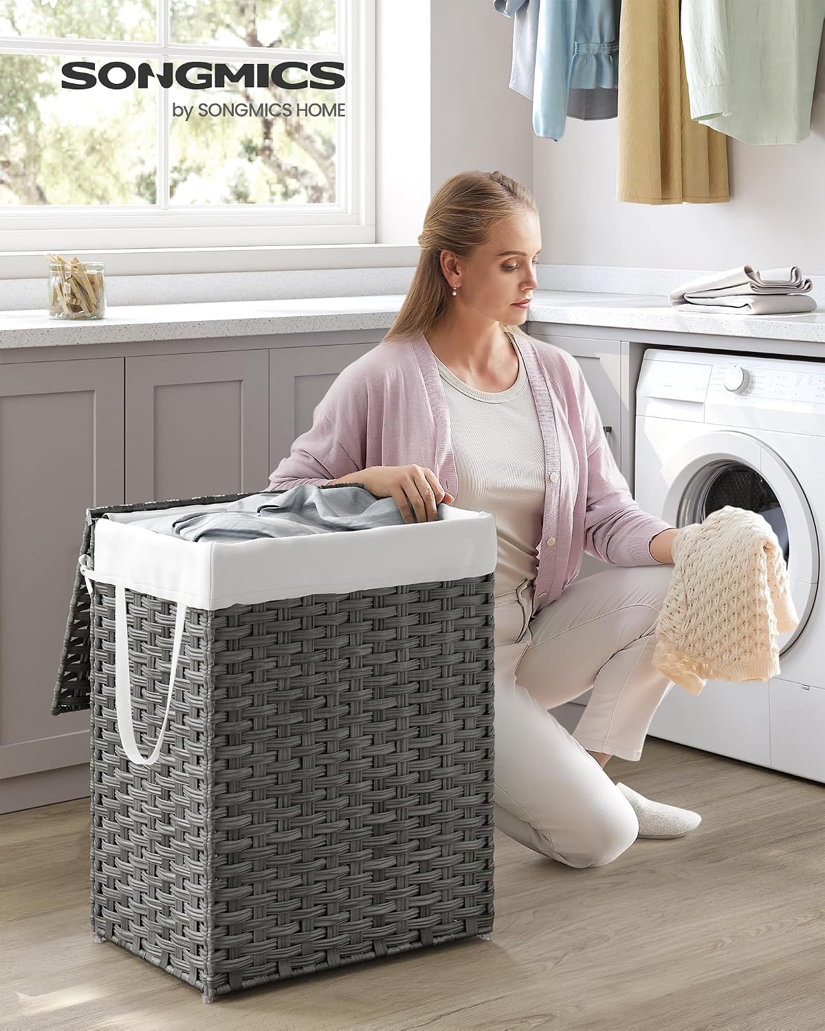SONGMICS Laundry Hamper with Lid, 23.8 Gal (90 L) Synthetic Rattan,Foldable