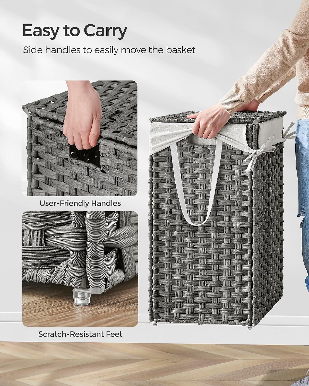 SONGMICS Laundry Hamper with Lid, 23.8 Gal (90 L) Synthetic Rattan,Foldable