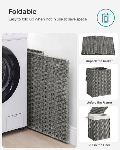 SONGMICS Laundry Hamper with Lid, 23.8 Gal (90 L) Synthetic Rattan,Foldable