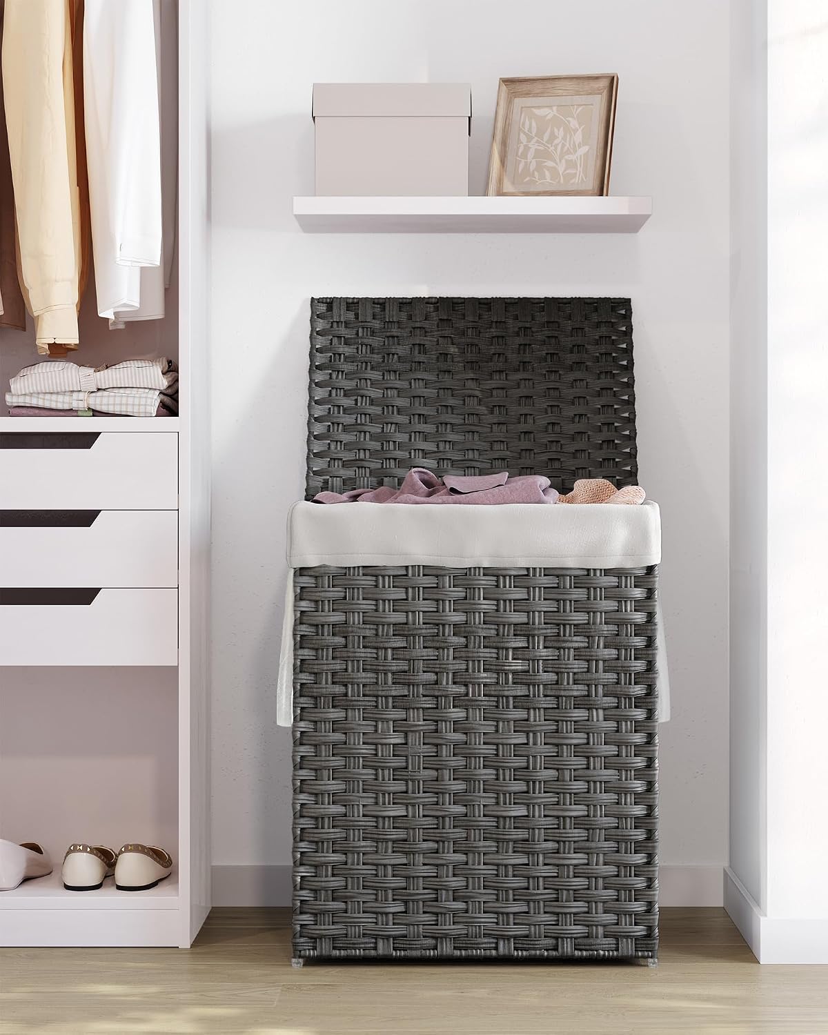 SONGMICS Laundry Hamper with Lid, 23.8 Gal (90 L) Synthetic Rattan,Foldable
