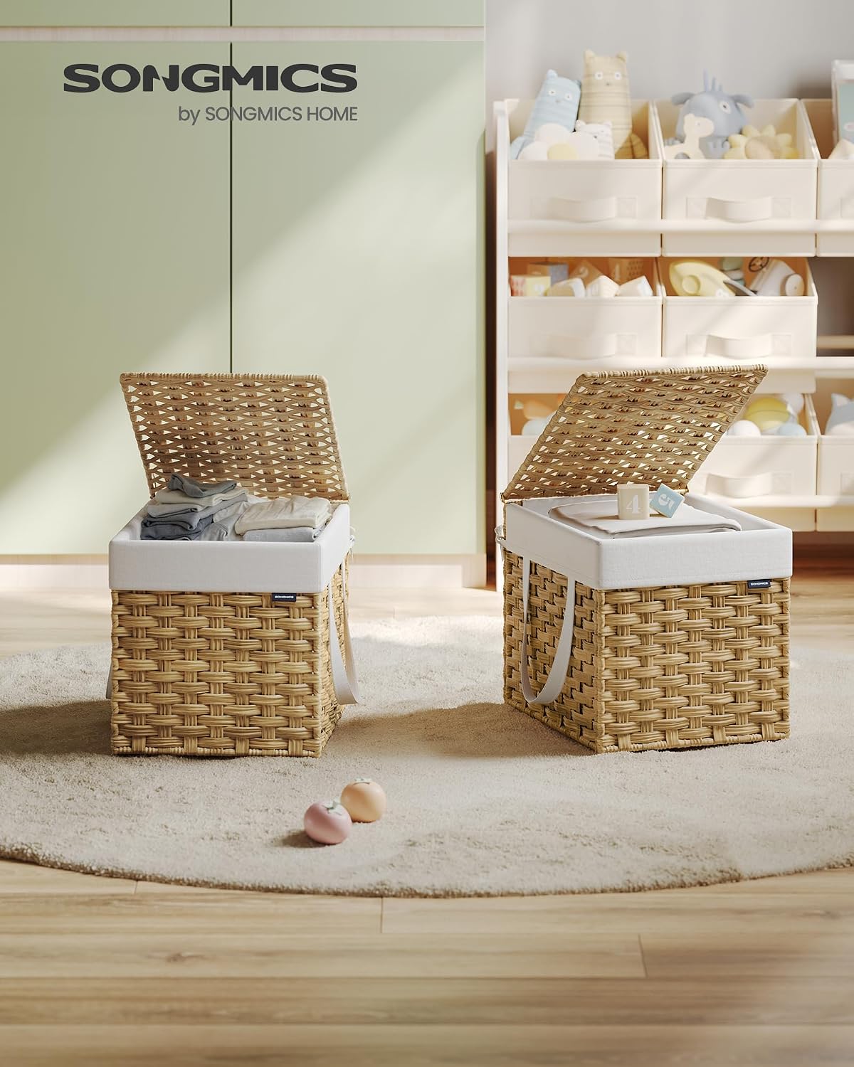 SONGMICS Laundry Hamper with Lid, 23.8 Gal (90 L) Synthetic Rattan,Foldable