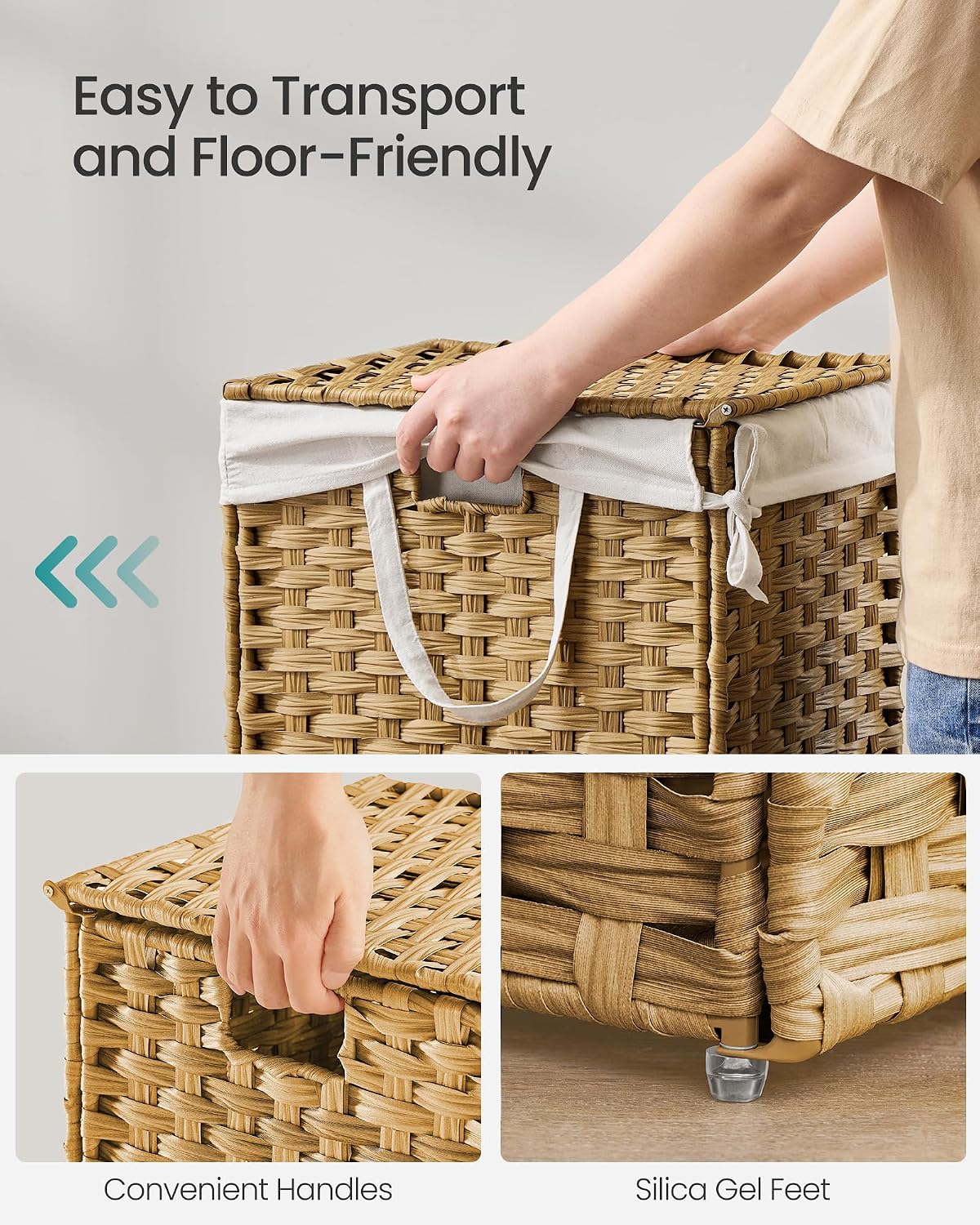 SONGMICS Laundry Hamper with Lid, 23.8 Gal (90 L) Synthetic Rattan,Foldable