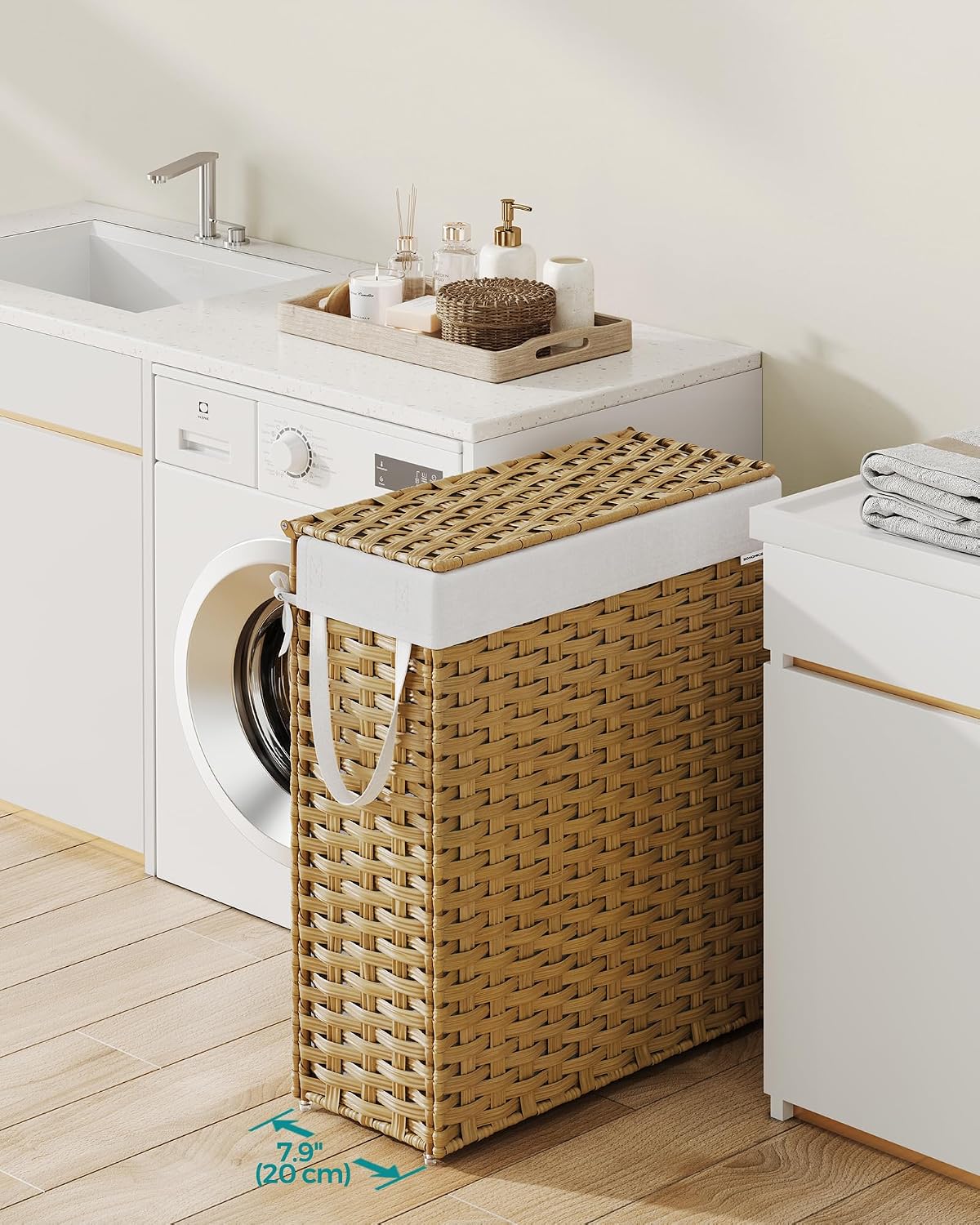 SONGMICS Laundry Hamper with Lid, 23.8 Gal (90 L) Synthetic Rattan,Foldable
