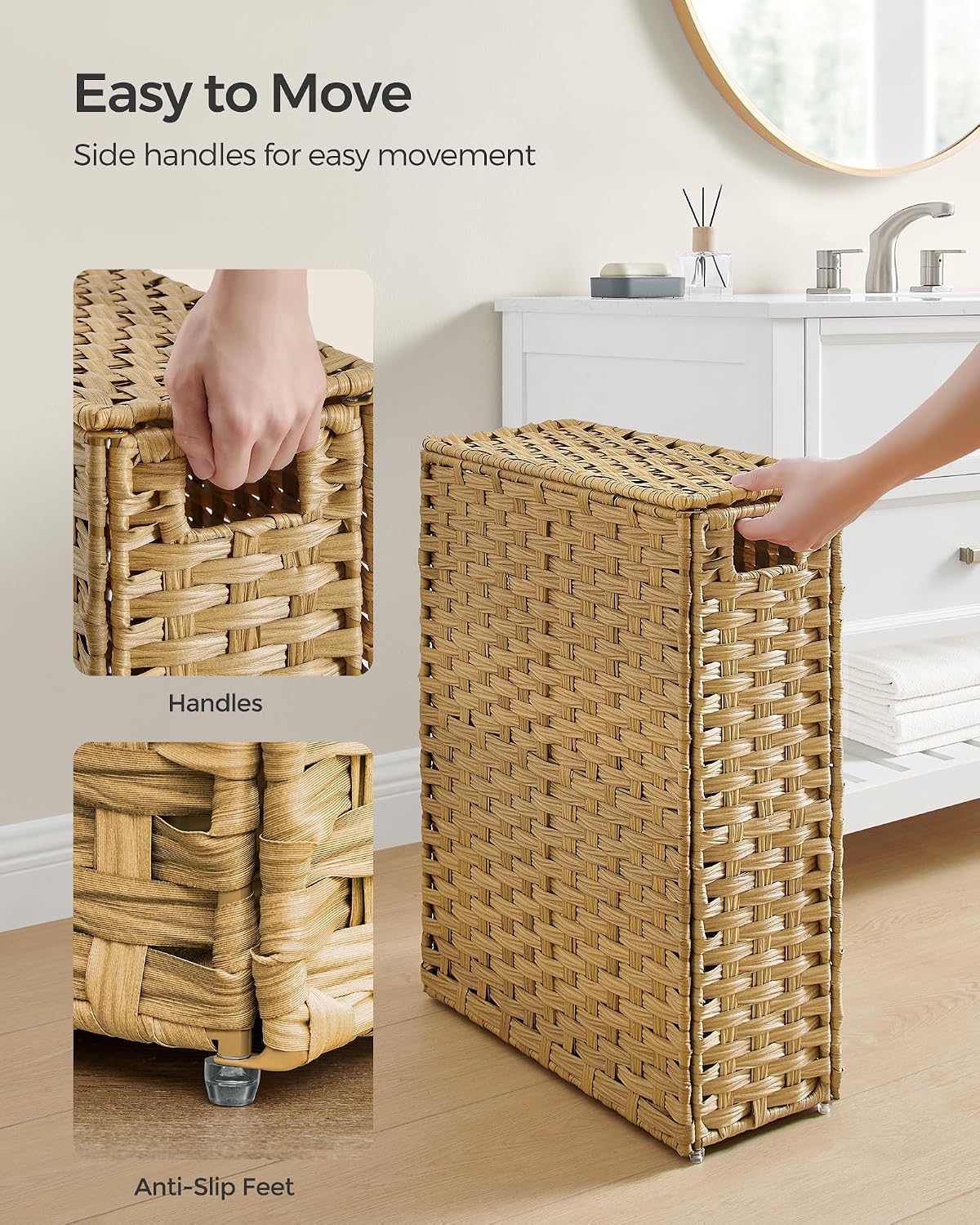 SONGMICS Laundry Hamper with Lid, 23.8 Gal (90 L) Synthetic Rattan,Foldable