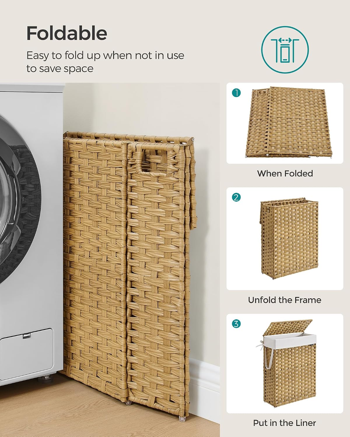 SONGMICS Laundry Hamper with Lid, 23.8 Gal (90 L) Synthetic Rattan,Foldable