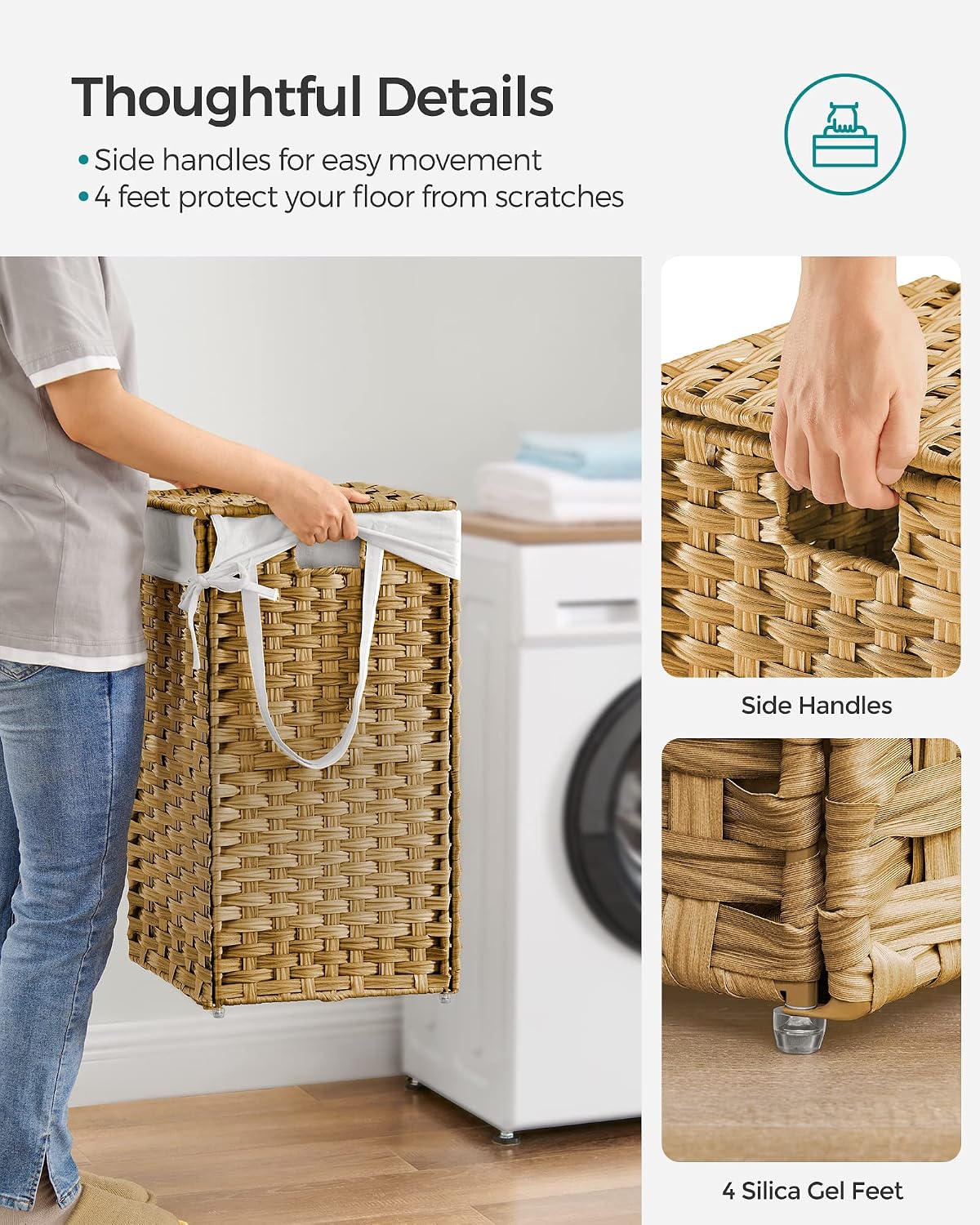 SONGMICS Laundry Hamper with Lid, 23.8 Gal (90 L) Synthetic Rattan,Foldable
