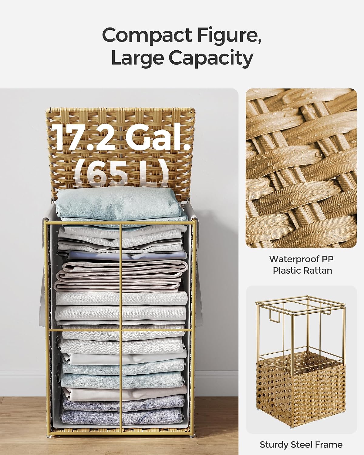 SONGMICS Laundry Hamper with Lid, 23.8 Gal (90 L) Synthetic Rattan,Foldable