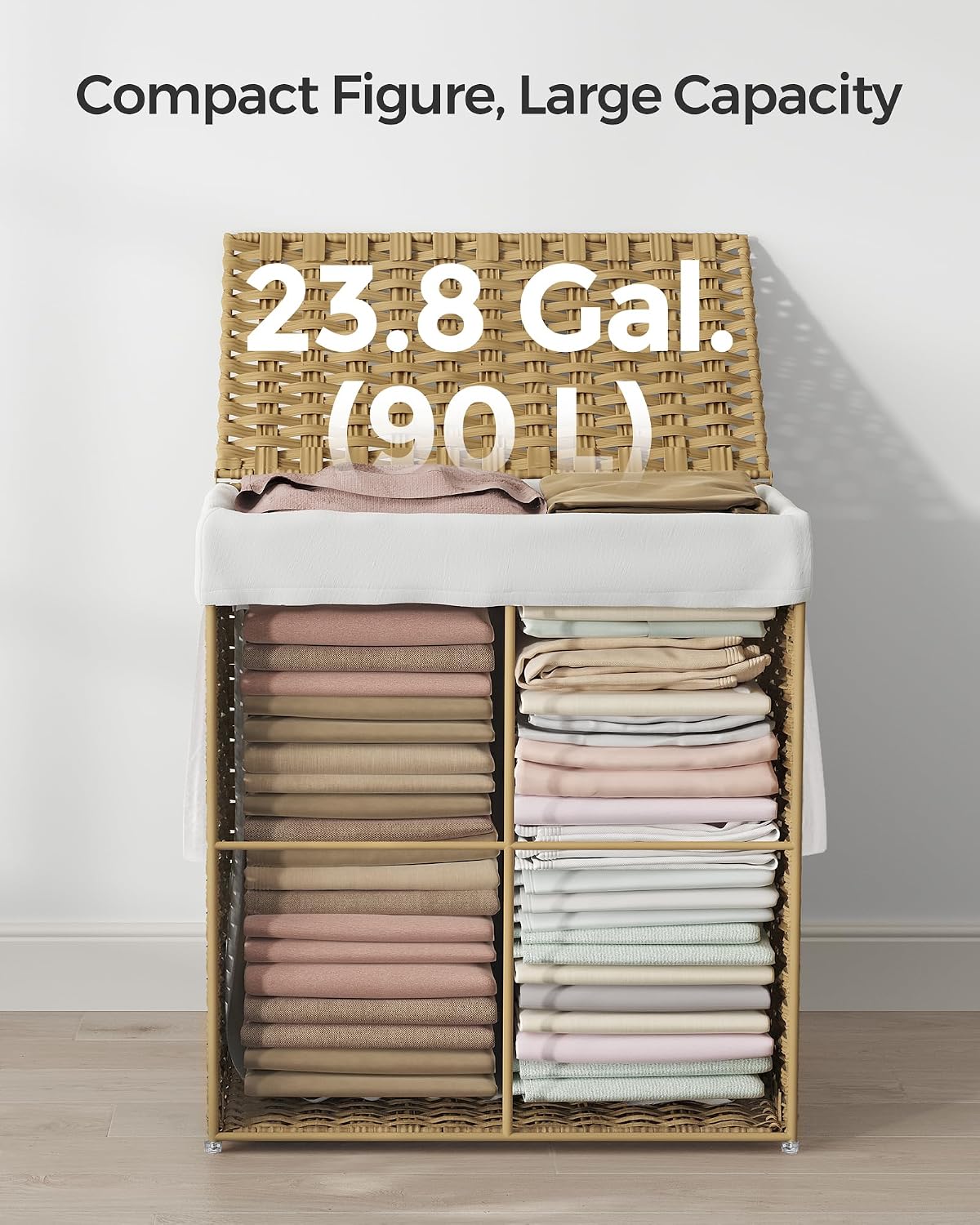 SONGMICS Laundry Hamper with Lid, 23.8 Gal (90 L) Synthetic Rattan,Foldable