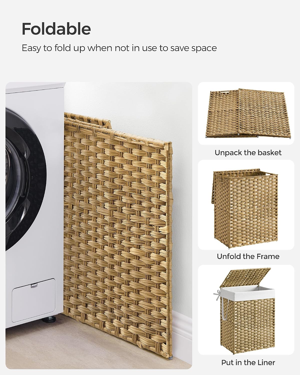 SONGMICS Laundry Hamper with Lid, 23.8 Gal (90 L) Synthetic Rattan,Foldable