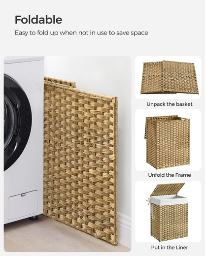 SONGMICS Laundry Hamper with Lid, 23.8 Gal (90 L) Synthetic Rattan,Foldable
