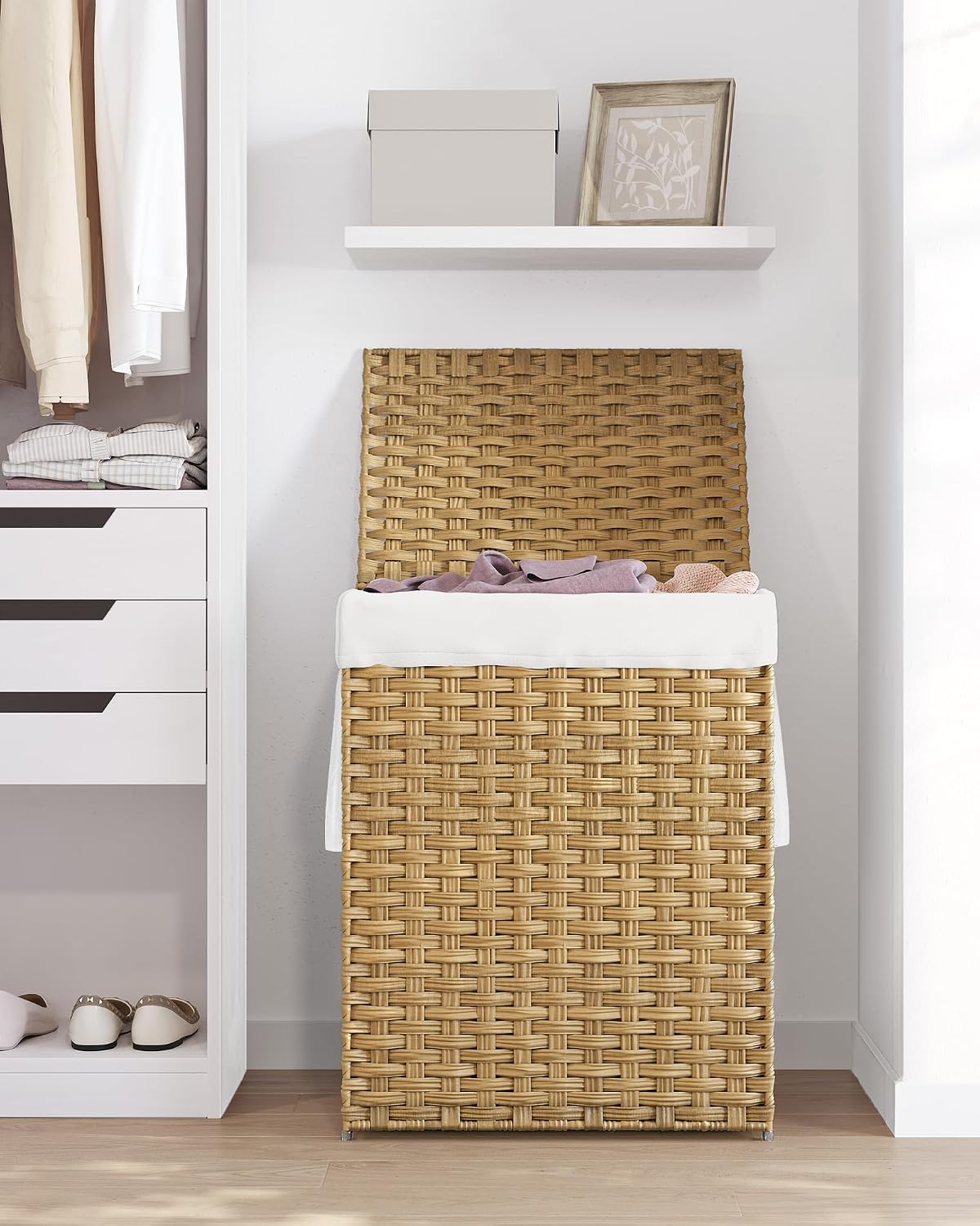 SONGMICS Laundry Hamper with Lid, 23.8 Gal (90 L) Synthetic Rattan,Foldable