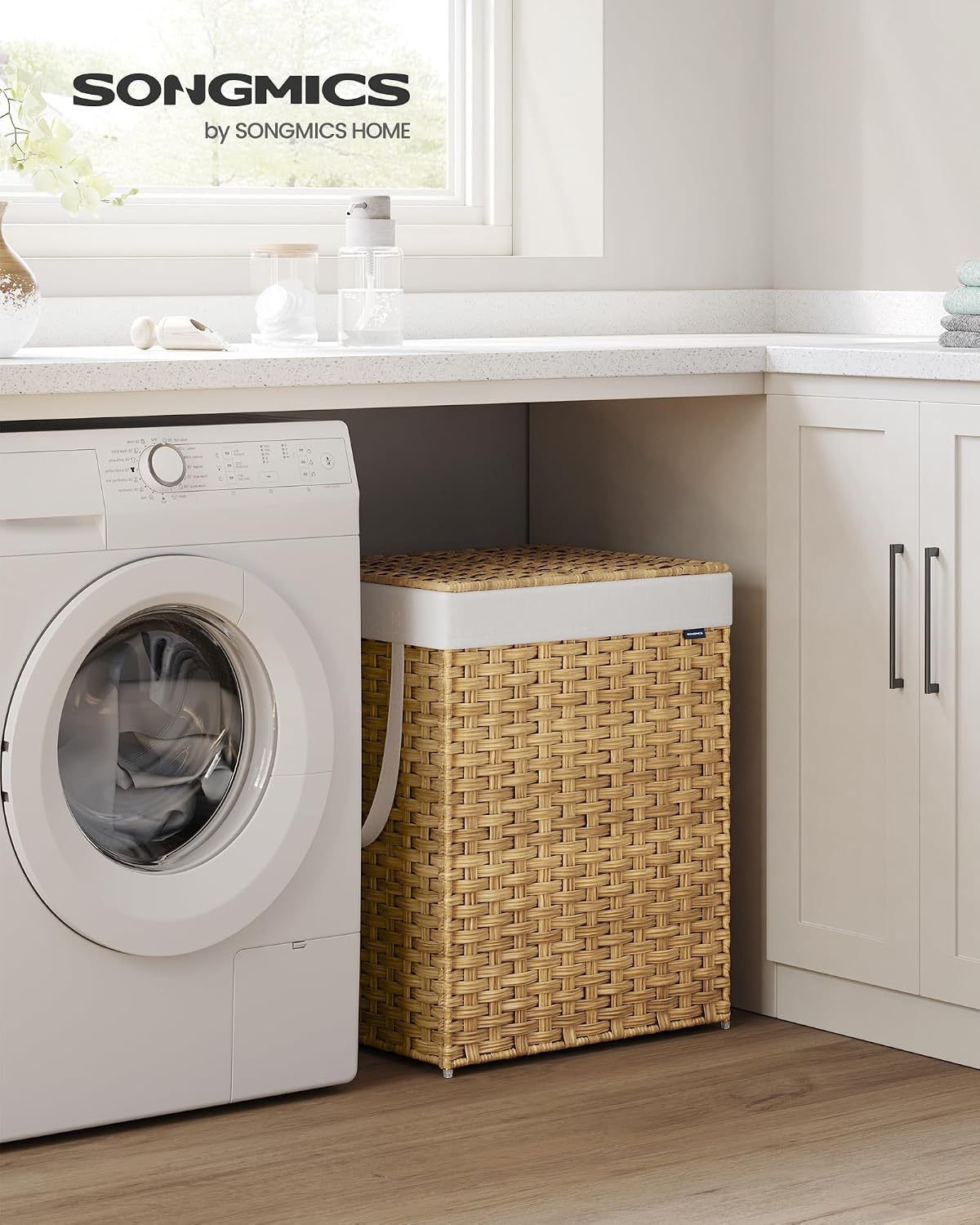 SONGMICS Laundry Hamper with Lid, 23.8 Gal (90 L) Synthetic Rattan,Foldable