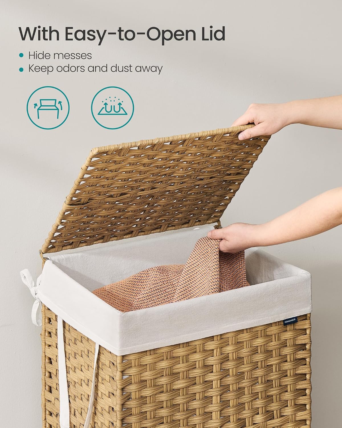 SONGMICS Laundry Hamper with Lid, 23.8 Gal (90 L) Synthetic Rattan,Foldable