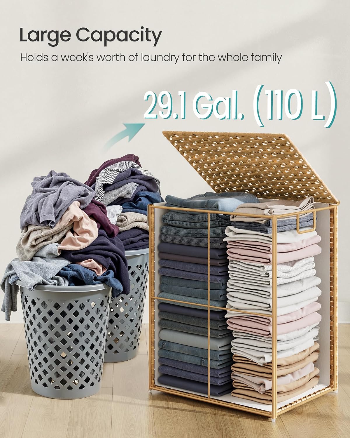 SONGMICS Laundry Hamper with Lid, 23.8 Gal (90 L) Synthetic Rattan,Foldable