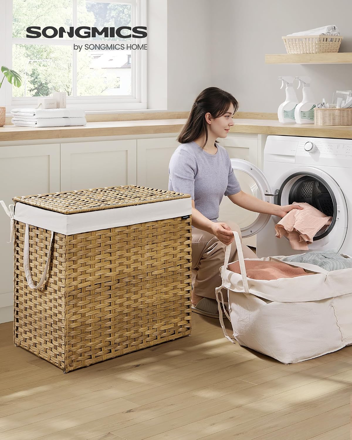 SONGMICS Laundry Hamper with Lid, 23.8 Gal (90 L) Synthetic Rattan,Foldable