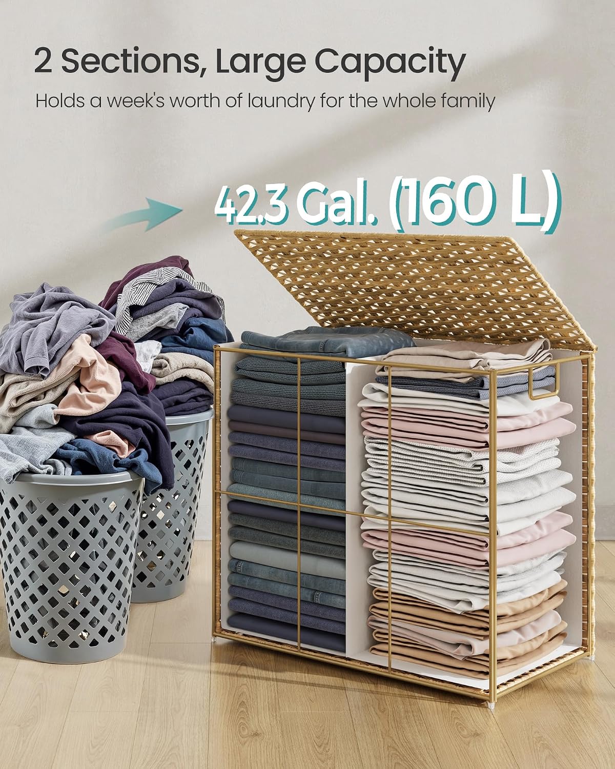 SONGMICS Laundry Hamper with Lid, 23.8 Gal (90 L) Synthetic Rattan,Foldable