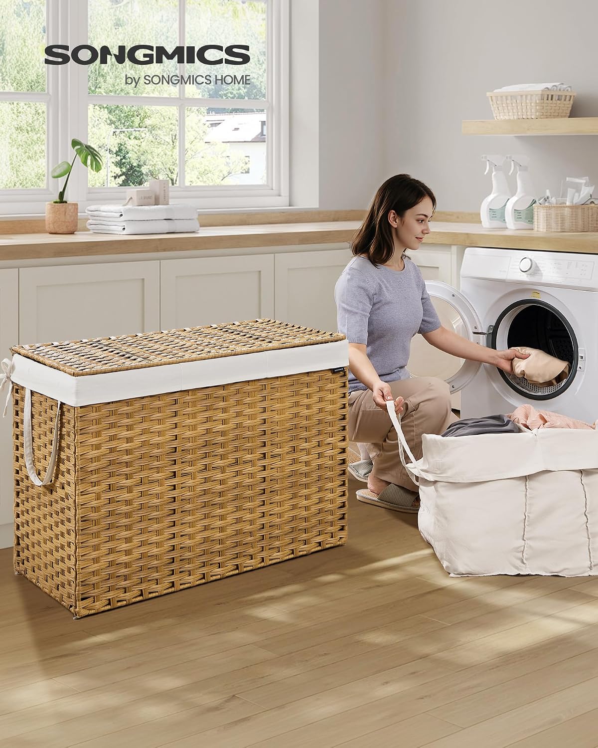SONGMICS Laundry Hamper with Lid, 23.8 Gal (90 L) Synthetic Rattan,Foldable