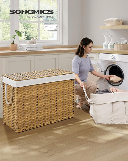SONGMICS Laundry Hamper with Lid, 23.8 Gal (90 L) Synthetic Rattan,Foldable