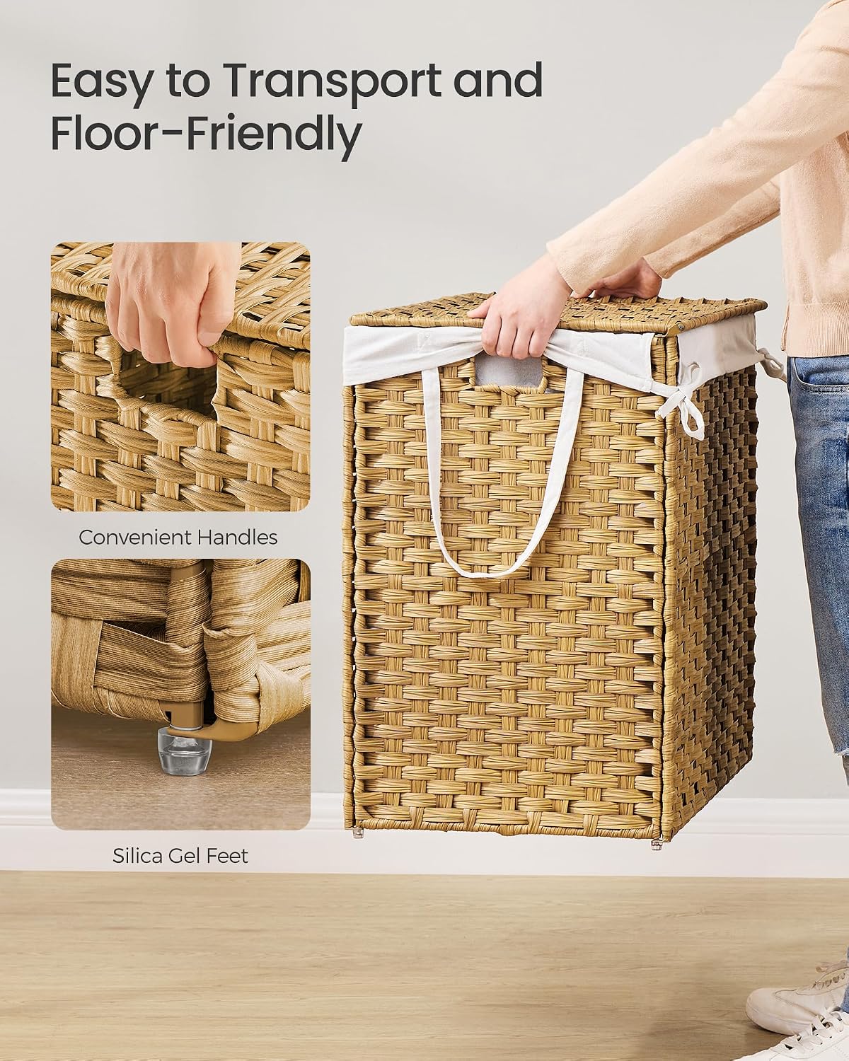 SONGMICS Laundry Hamper with Lid, 23.8 Gal (90 L) Synthetic Rattan,Foldable