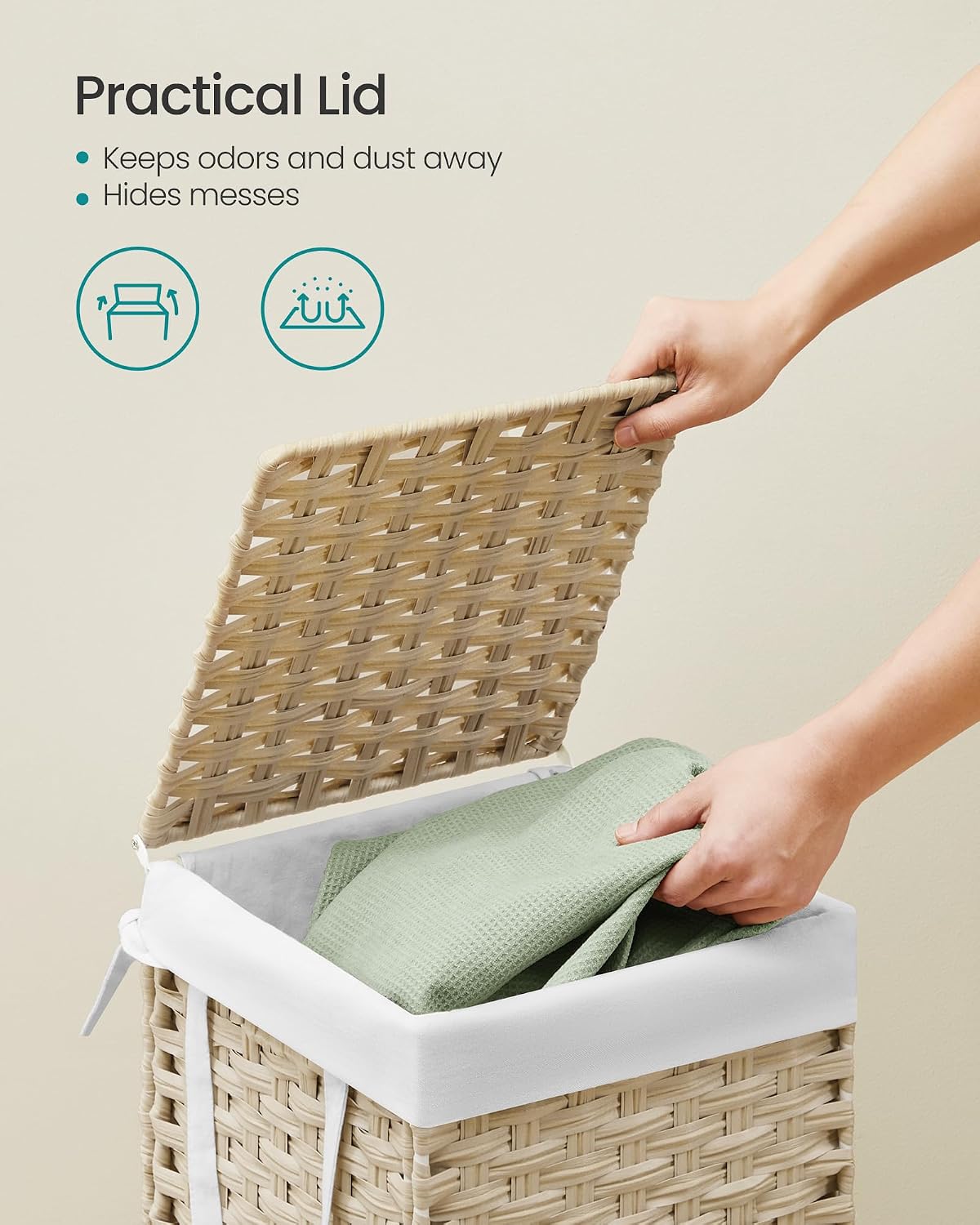 SONGMICS Laundry Hamper with Lid, 23.8 Gal (90 L) Synthetic Rattan,Foldable
