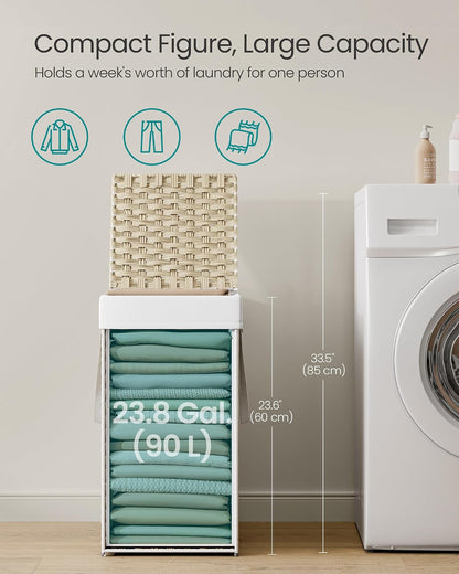 SONGMICS Laundry Hamper with Lid, 23.8 Gal (90 L) Synthetic Rattan,Foldable