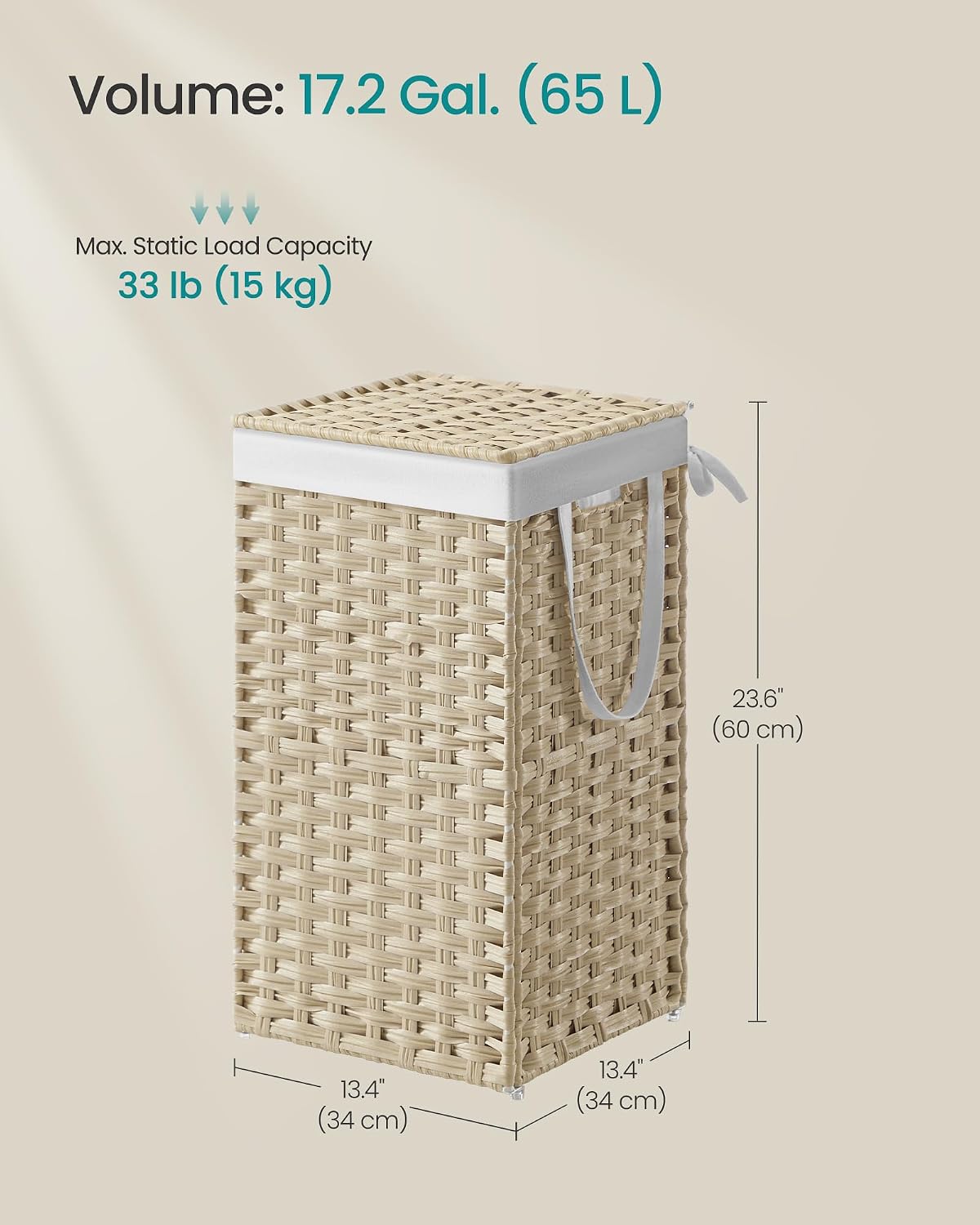 SONGMICS Laundry Hamper with Lid, 23.8 Gal (90 L) Synthetic Rattan,Foldable