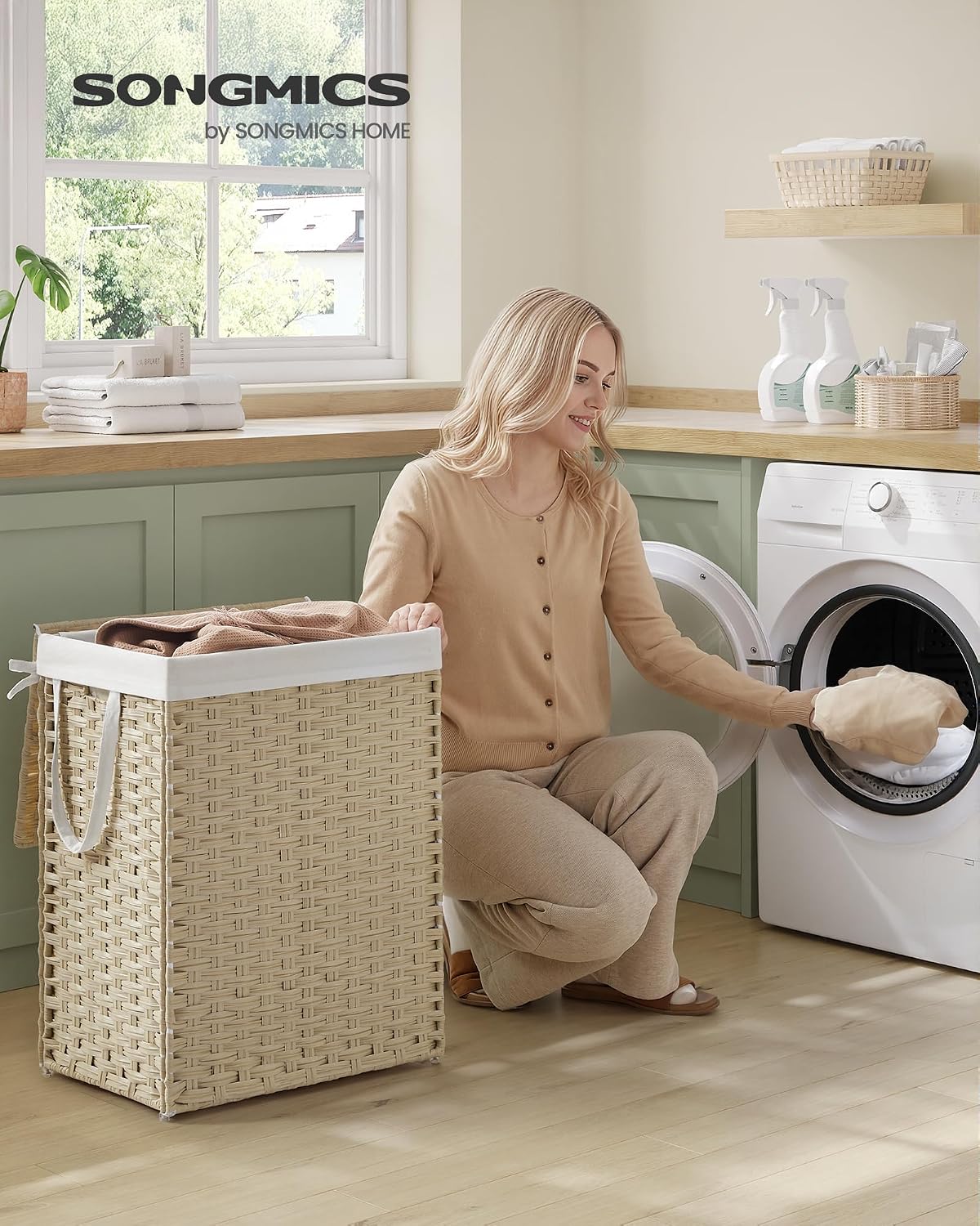 SONGMICS Laundry Hamper with Lid, 23.8 Gal (90 L) Synthetic Rattan,Foldable