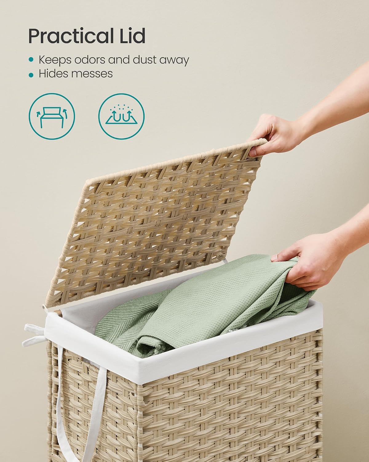 SONGMICS Laundry Hamper with Lid, 23.8 Gal (90 L) Synthetic Rattan,Foldable