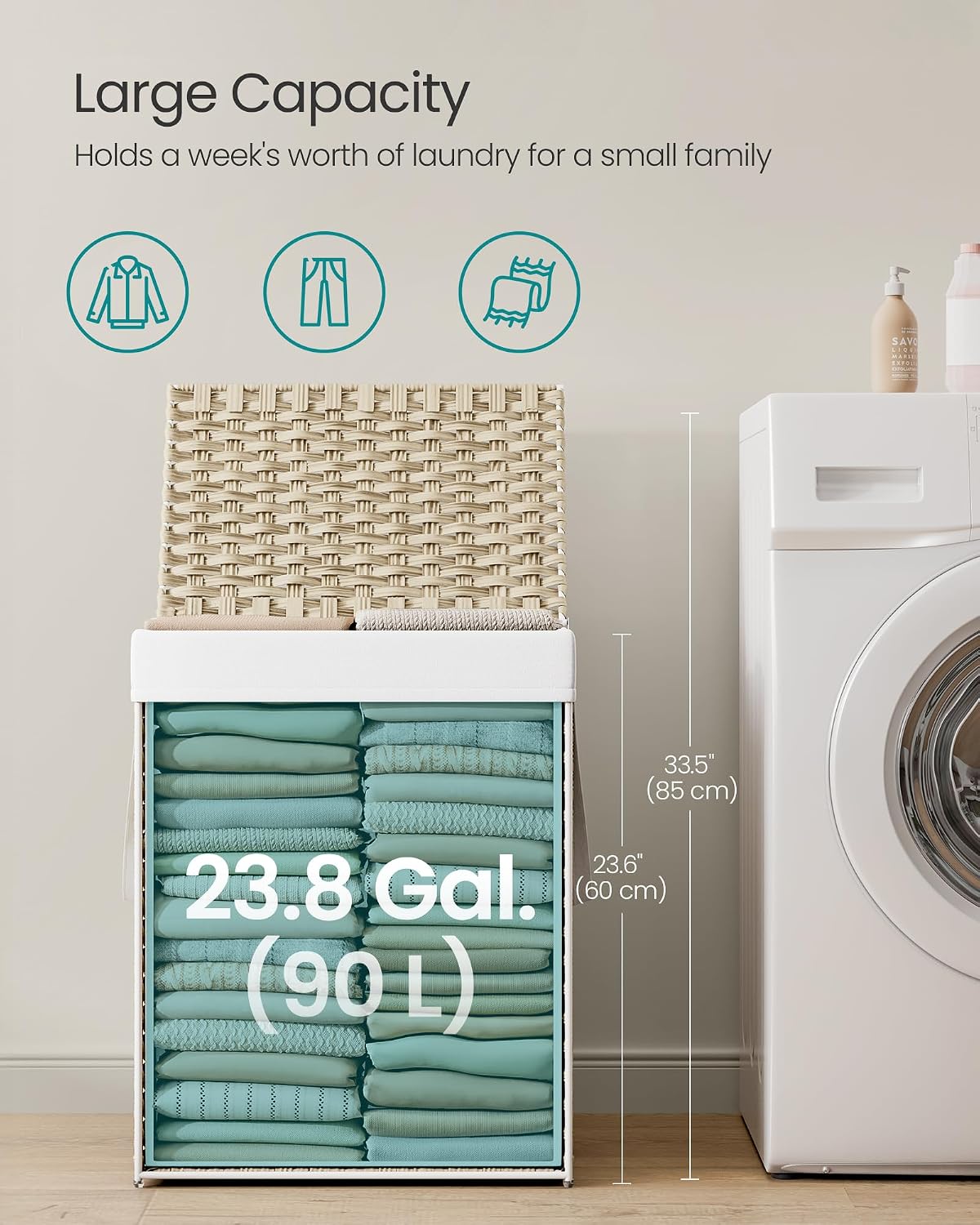 SONGMICS Laundry Hamper with Lid, 23.8 Gal (90 L) Synthetic Rattan,Foldable
