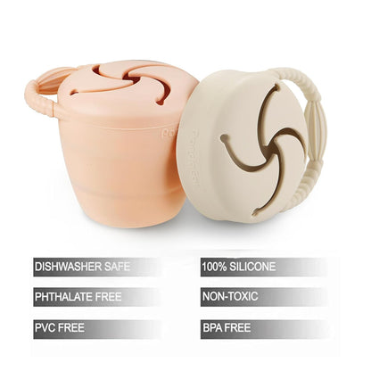 Silicone Snack Containers, Collapsible Toddler Snack Cups Spill Proof Food Catcher for Toddler Baby, Pack of 2 (Light Tan/Walnut)