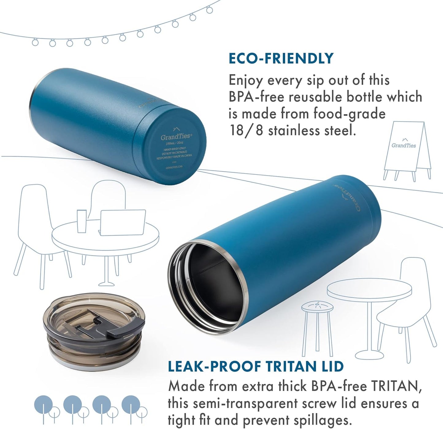 Insulated Coffee Tumbler Cup w/Tritan Lid | Leak Proof, Reusable, Double Walled Vacuum Stainless Steel Water Bottle Travel Mug | Thermal Cups for Hot and Cold Drinks | 20oz | Periwinkle