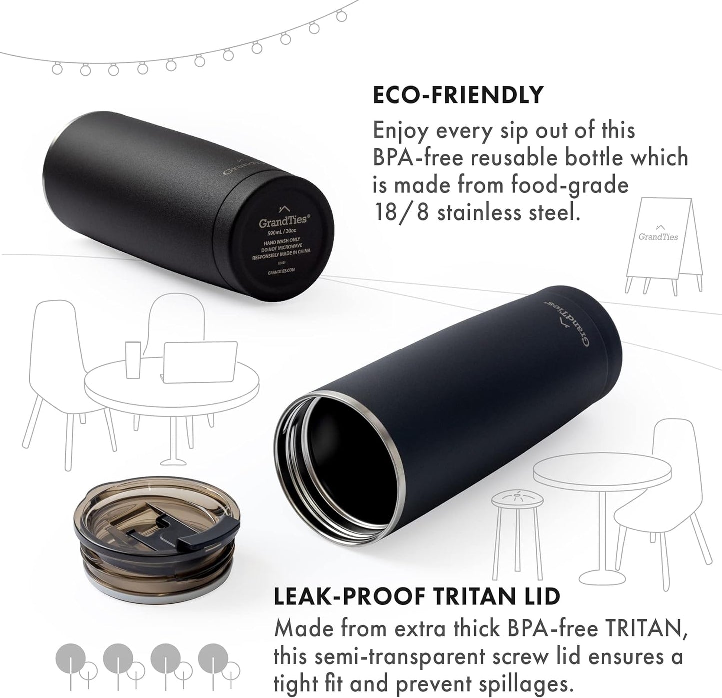 Insulated Coffee Tumbler Cup w/Tritan Lid | Leak Proof, Reusable, Double Walled Vacuum Stainless Steel Water Bottle Travel Mug | Thermal Cups for Hot and Cold Drinks | 20oz | Periwinkle