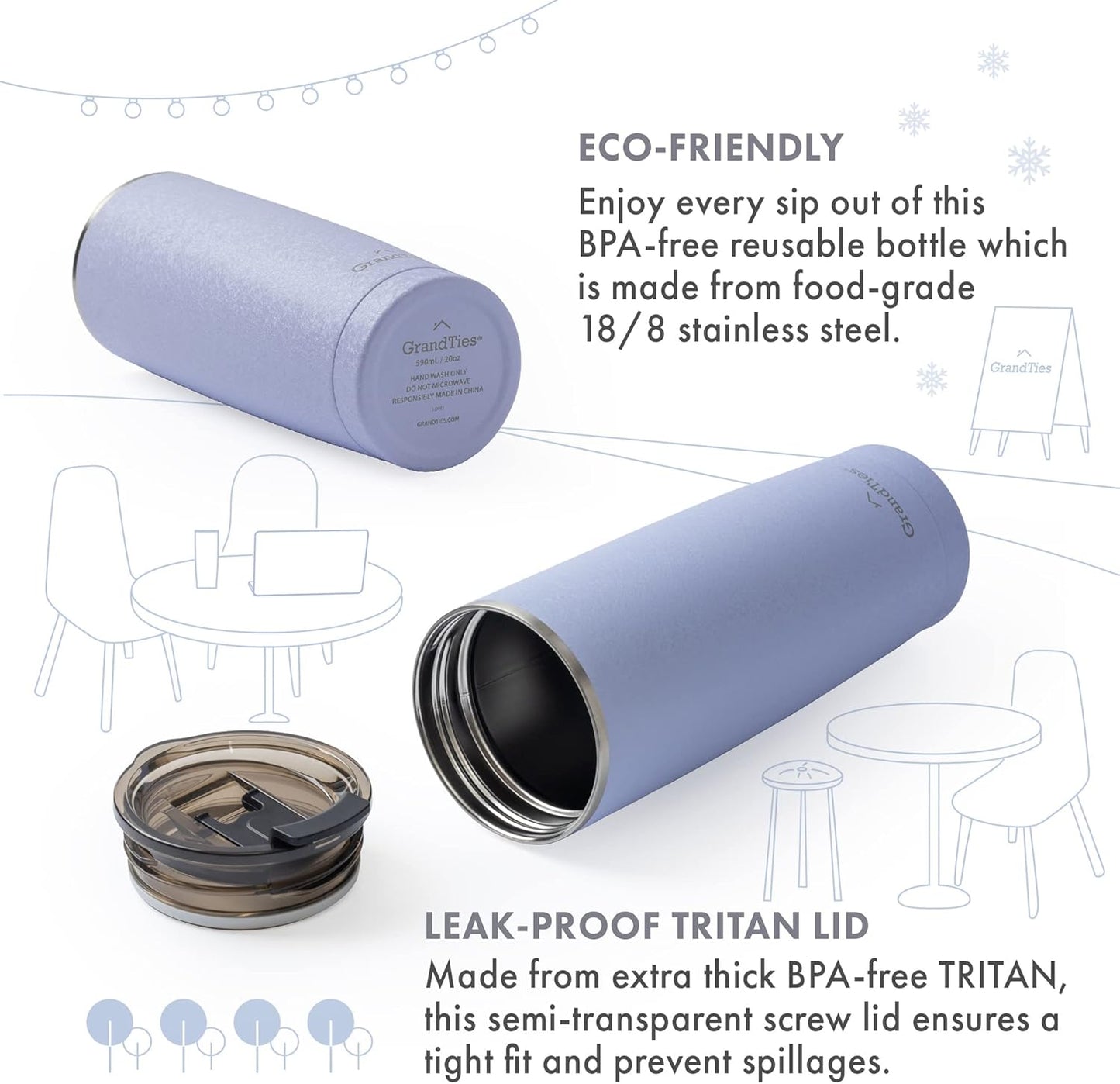 Insulated Coffee Tumbler Cup w/Tritan Lid | Leak Proof, Reusable, Double Walled Vacuum Stainless Steel Water Bottle Travel Mug | Thermal Cups for Hot and Cold Drinks | 20oz | Periwinkle
