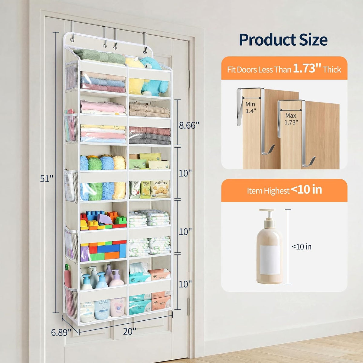 Over The Door Organizer, 6 Tier Extra Large Behind Door Storage of 12 Compartments, 80lbs Heavy Duty Door Organizer Hanging with Clear Window for Closet Bedroom Pantry Bathroom, Grey